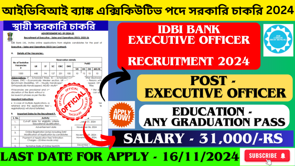 IDBI BANK EXECUTIVE OFFICER RECRUITMENT 2024